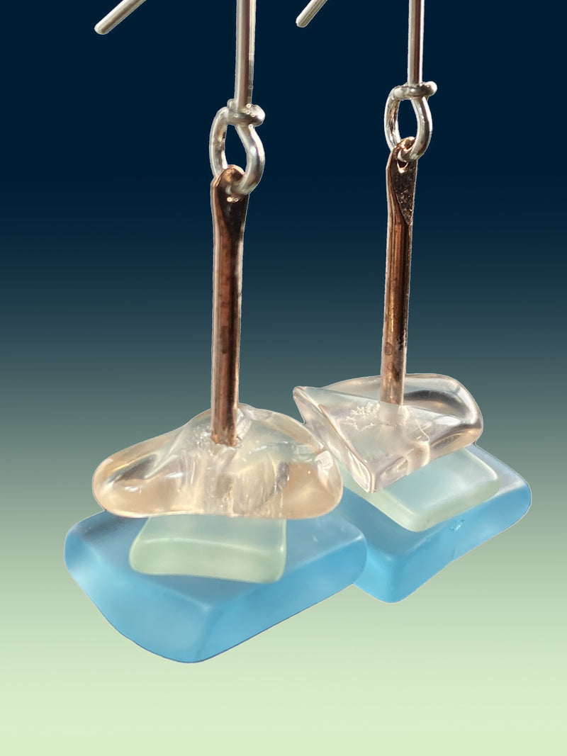 Three Drop Earrings in Blues and Pink