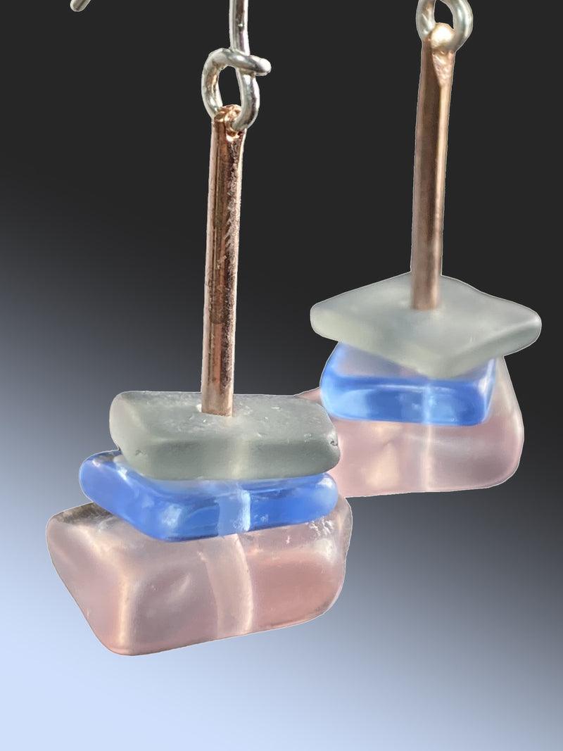 Three Drop Earrings in Blues and Pink