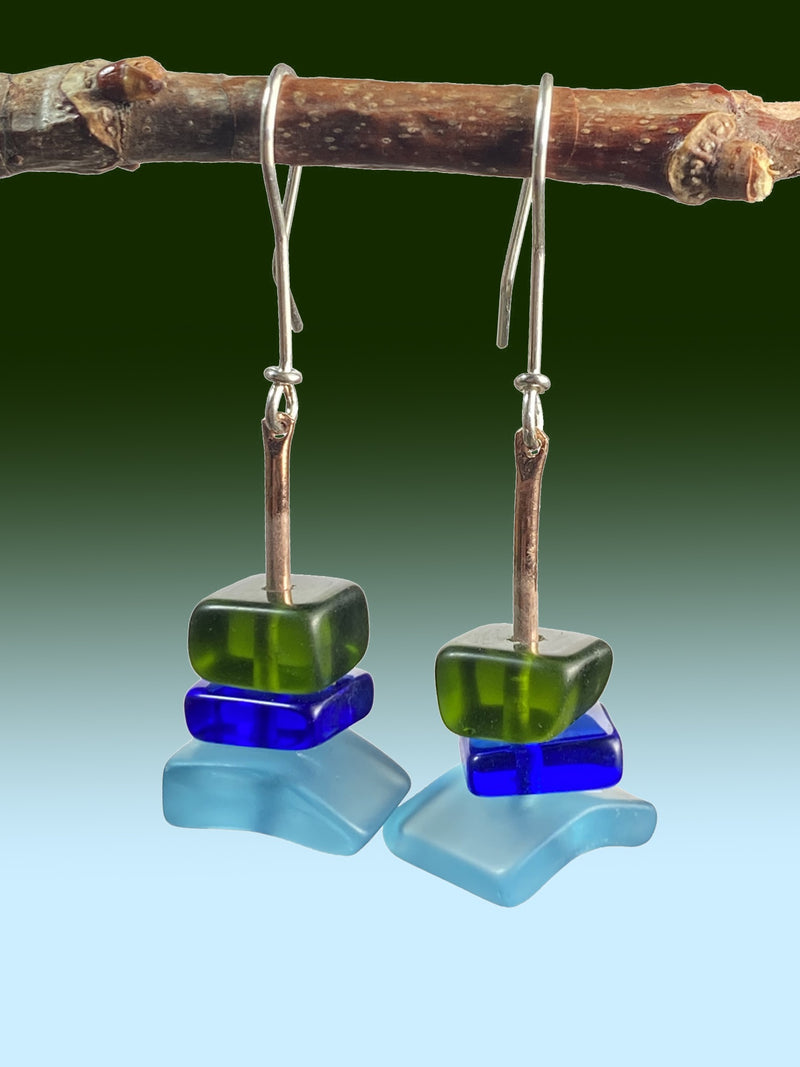 Three Drop Earrings in Blues and Green