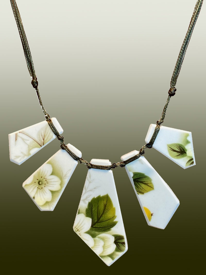 White and Green Blossom Ceramic Array Necklace