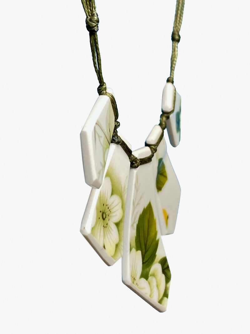 White and Green Blossom Ceramic Array Necklace